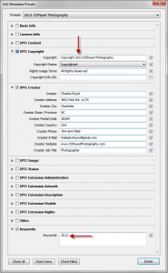 What copyright metadata information to add to a Lightroom preset.